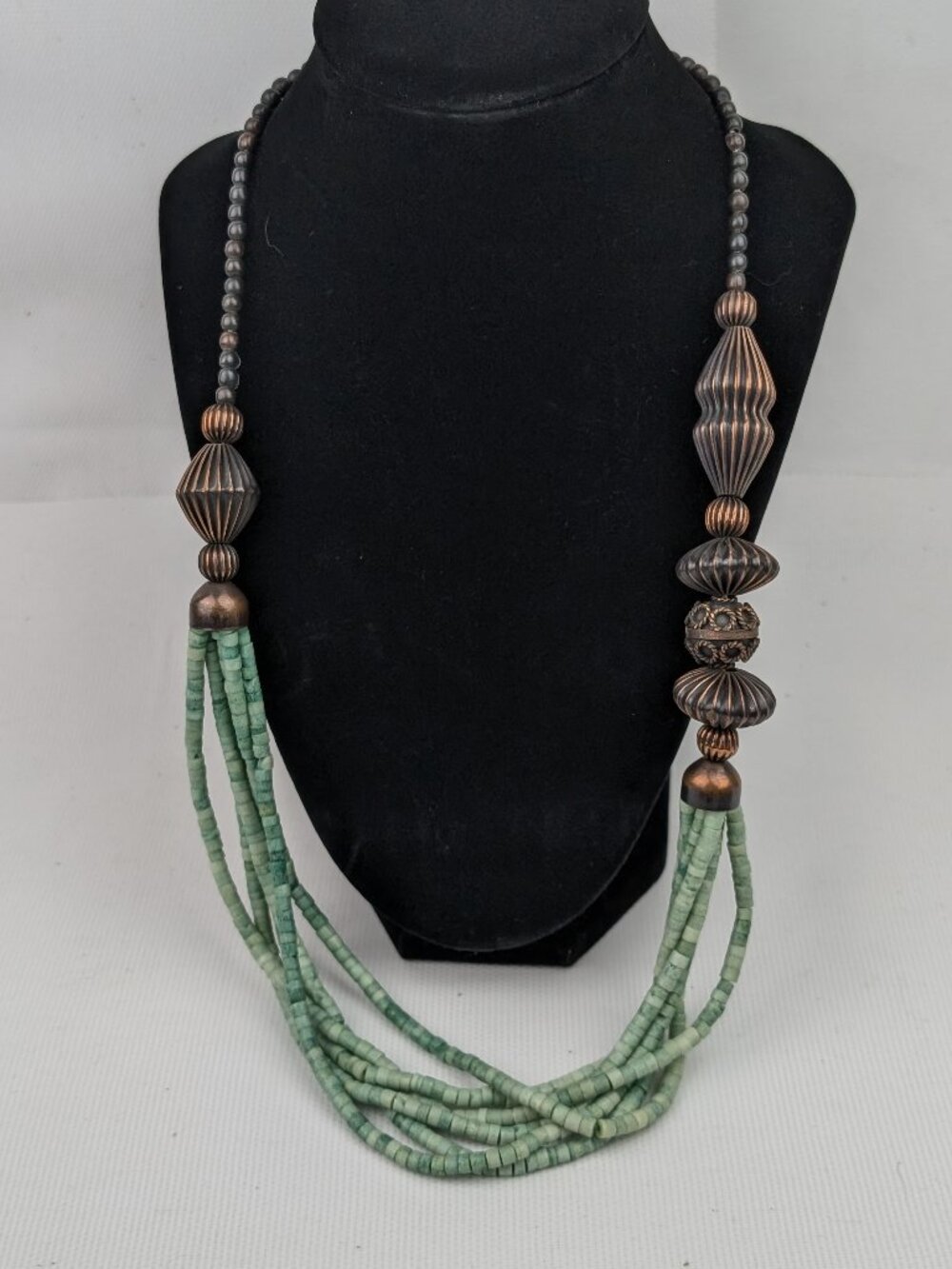 Multi Strand Green Stone Bead Necklace 28 Inches Bronze Colored Beads
